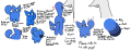 The reference sheet for Granola, a blue malleable quadrupedal cag. Note his eyes being flush with the head, in contrast to Sauce, and his limbs being ellipsoids without digits.