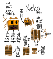 A reference sheet of Neko (who goes by it/its). Its body is composed of several Japanese kanji to roughly resemble the shape of a cat, with a caramel orange outline, brown fur, and neon orange eyes and ears.
