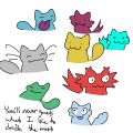 A variety of monopedal cags with unique colors and features. Text at the bottom left quotes, "You'll never guess what I like to doodle thet most".