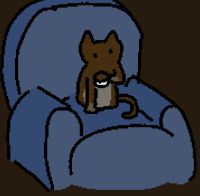 Oscar sits on a blue couch in a half-monoped form. He holds a cup of coffee.