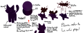 The reference sheet for Chalk, an ultraviolet-colored quadrupedal cag. Note his cylindrical legs lacking paws and his body's explosive repulsion against any forces applied to him.