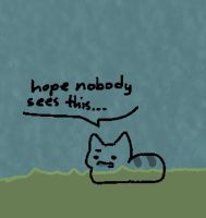 Josh loafs in a gloomy grassland. He's visibly discontent, with the background of the scene being visible through him. He mutters to himself, "hope nobody sees this..."