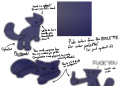 The reference sheet for Matthew, a blue-gray quadrupedal cag resized to a low resolution. Note the lack of a mouth paw pads, and being plantigrade.