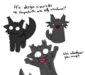 The reference sheet for Liam, a dark gray shapeshifter cag with spiked fur. He is shown in three different forms and styles.
