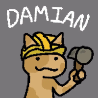 Damian as a monoped holding a hammer. His name is written above him.