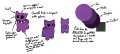 The reference sheet for THE EVIL FIEND, a compact, chubby purple cag with large pupils, optionally wearing a spiked collar.