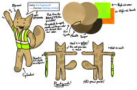 The reference sheet for Damian, a brownish-beige bipedal cag with various dark spots all over his fur, wearing a high visibility vest.