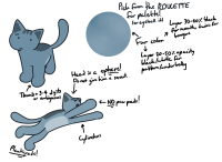 The reference sheet for Tim, a steel blue-colored quadrupedal cag with a dark patch on his back and three vertical stripes on the top of his head. Note him being plantigrade and lacking paw pads.