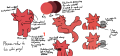 The reference sheet for Bismuth, a red malleable quadrupedal cag. Note his eyes appearing to be permanently closed, his forked tongue, and his paws that lack distinct digits.