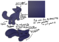 The reference sheet for Matthew, a blue-gray quadrupedal cag resized to a low resolution. Note the lack of a mouth paw pads, and being plantigrade.