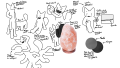 The reference sheet for Xavier, a white shapeshifter cag with a variable number of arms and legs, giving him a taur-like shape. Note his ability to eat rocks and not feel pain by being a rock himself, on top of having a long tongue proportional to his length.