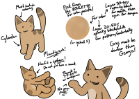 The reference sheet for Greg, a beige-colored quadrupedal cag (darker than George) with dark stripes on his back and tail. Note him being plantigrade and his paws lacking pads.