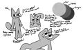 The reference sheet for Kyle, a gray bipedal cag with tall ears and large eyes. Note that his paws, unlike other cags, feature three outward-pointing nubs for digits.