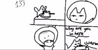 Linda peers into a pot on a stovetop. Oscar is seen melted inside. She asks him, "why are you in here", to which he simply responds with "warm".
