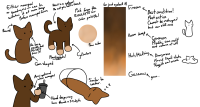 The reference sheet for Oscar, a polypedal cag (either mono- or quadruped) with a brownish liquid body. He becomes more beige at hotter temperatues, losing mobility and energy. His paws are beige, and lack paw pads. Note the lack of a drawn mouth despite having one.
