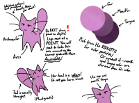 The reference sheet for Linda, a pink quadrupedal cag with legs that end at a point. Because of this, it should be noted that she has no paws and cannot grab like normal.
