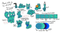 The reference sheet for aa, a semiliquid omnipedal cag. His overall body is made of a teal liquid-like substance that has glowing swirls of tealish-green throughout it. His "fur" droops down at the cheeks, and is puffed below the neck and at the tip of the tail. His paws are spherical, and his eyes are usually blank white.
