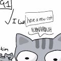 Tim's introduction. Text at the top says, "I lied! have a new cat". He is seen standing, and a separate shot is a close up on his face with wide eyes, him stammering.