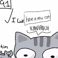Tim's introduction. Text at the top says, "I lied! have a new cat". He is seen standing, and a separate shot is a close up on his face with wide eyes, him stammering.