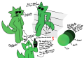 The reference sheet for Daryl, an emerald green bipedal cag with tufts of fur (optionally cheek ones) wearing sunglasses. Note that his sunglasses are a disability aid as his photoreceptors are too sensitive to light.
