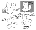 The reference sheet for Mark, a mute, white quadrupedal cag drawn with minimal lines (though still filled in properly). Note the glossing underlined in dialogue when signed, alongside being plantigrade and lacking paw pads.