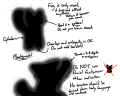 The reference sheet for Paul, a black fog-covered quadrupedal cag. Note the ambiguity in his silhouette at certain angles and the omission of any discernible facial features. He is also plantigrade and lacks paw pads.